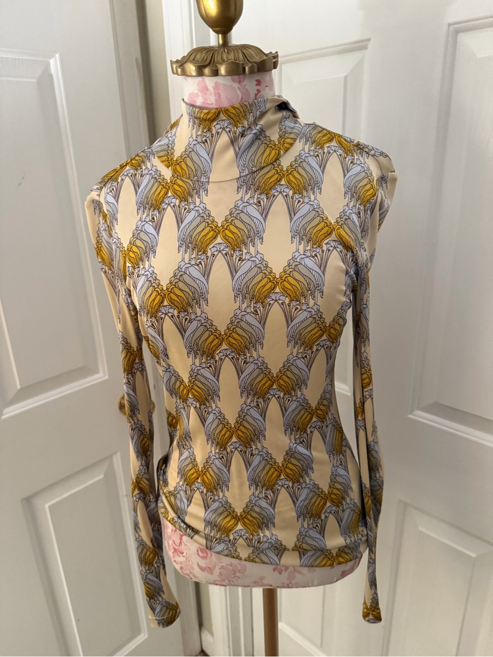 Tory Burch Beige High-Neck Long-Sleeve Top with Mustard & Gray Print